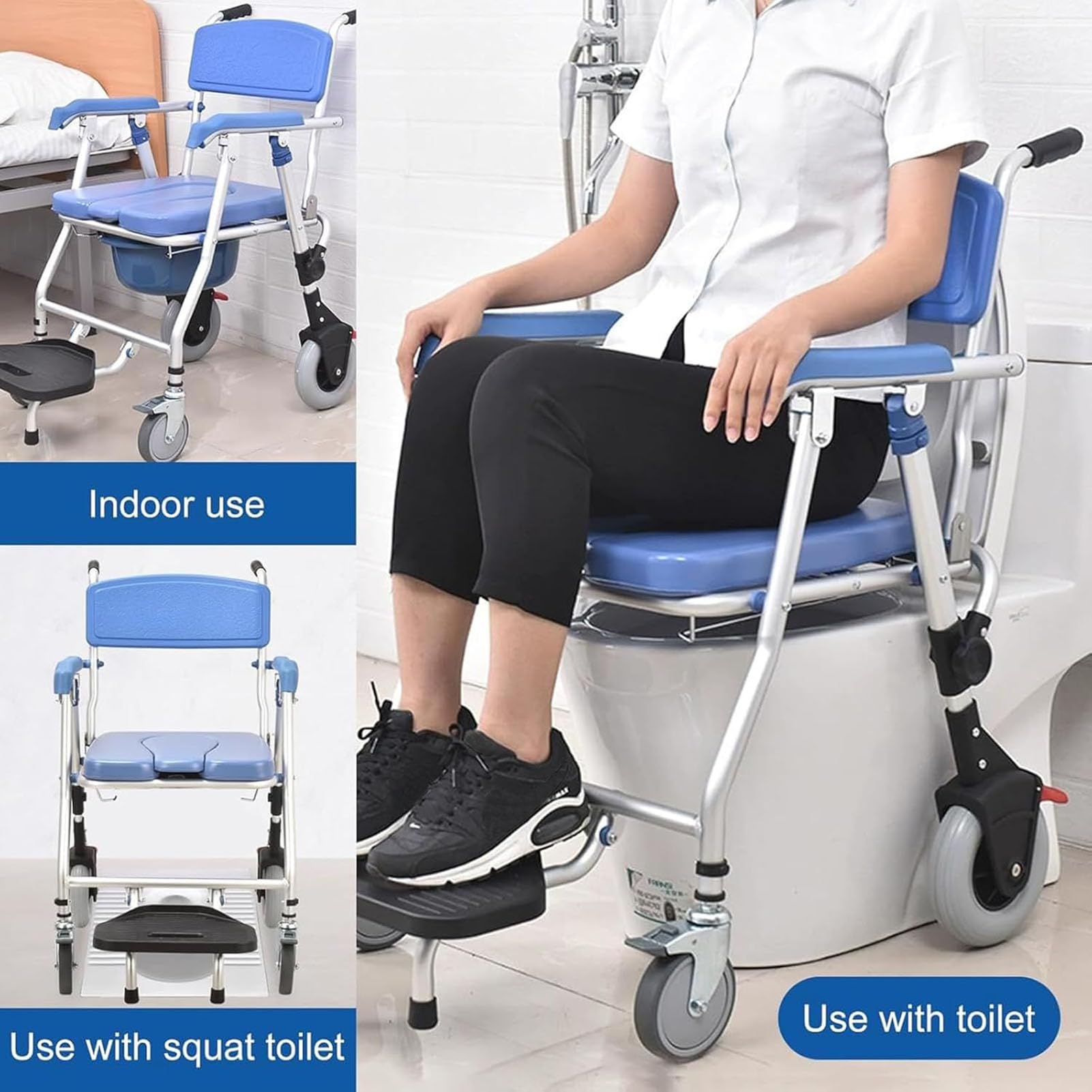 Silla de ducha para ancianos con ruedas, silla plegable con reposabrazos y reposapiés, diseño portátil, capacidad de peso de 120 kg, ideal para baño y mesita de noche