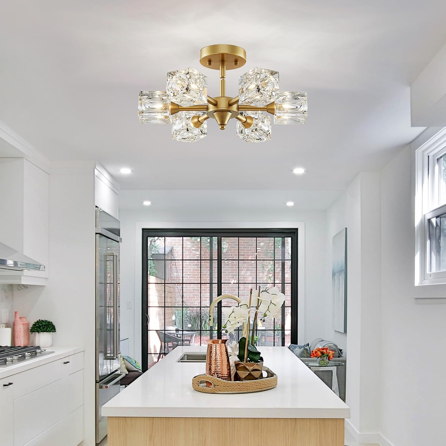 XINGQI 16.9" Semi Flush Mount Ceiling Light Fixture Modern 6 Lights Antique Gold Chandelier, Sputnik Chandeliers Fashion Lighting for Bedroom Dining Room Farmhouse Kitchen Office