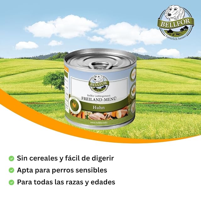 Foto 2 de 7 de Bellfor Freiland-Menü - Comida húmeda para Perros sin Cereales con Pollo - 64% de Carne - Sin azúcar añadido
