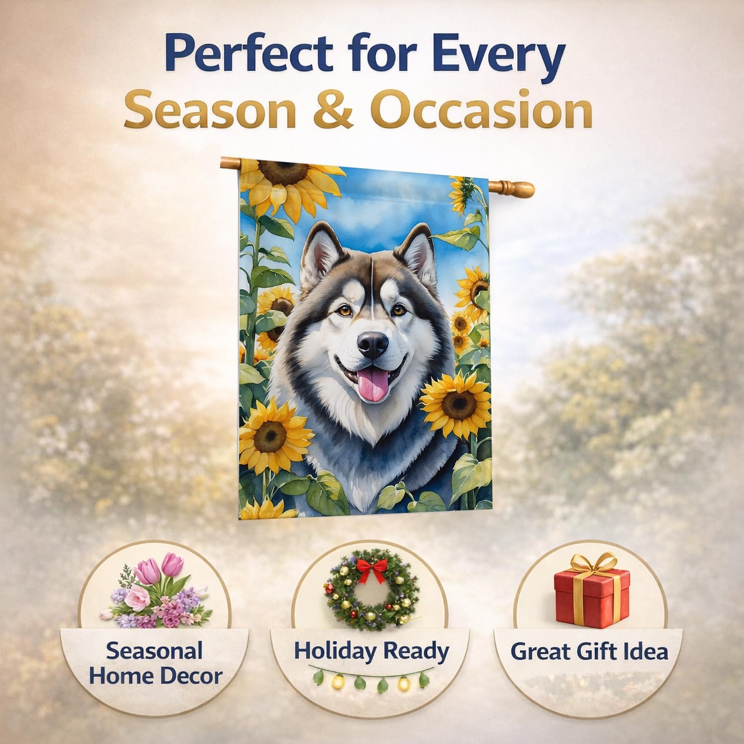 Caroline's Treasures DAC6005CHF Alaskan Malamute in Sunflowers House Flag Large Porch Sleeve Pole Decorative Outside Yard Banner Artwork Wall Hanging, Polyester, House Size, Multicolor