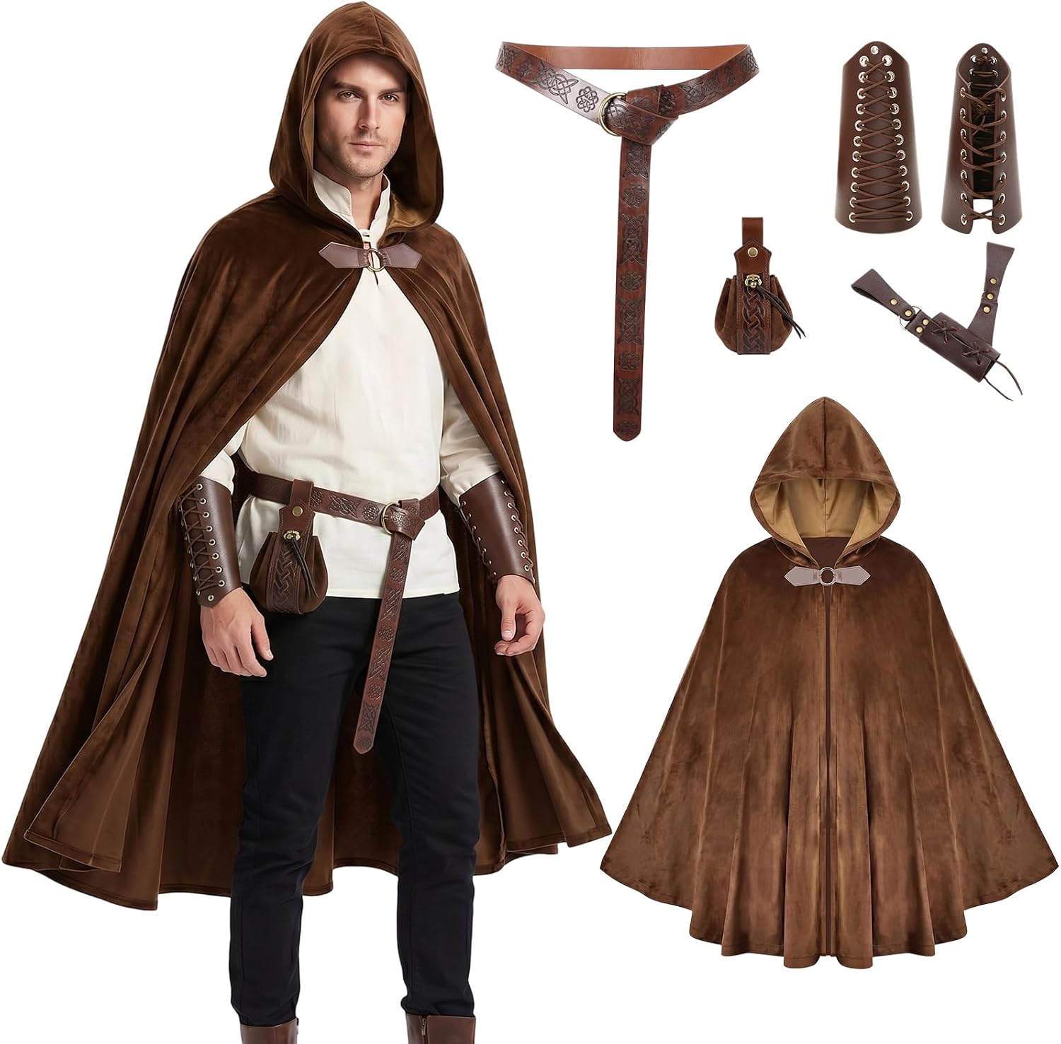 6Pcs Renaissance Hooded Medieval Costume Cloak Cape with Belt Pouch Bracers Accessories for Men Women