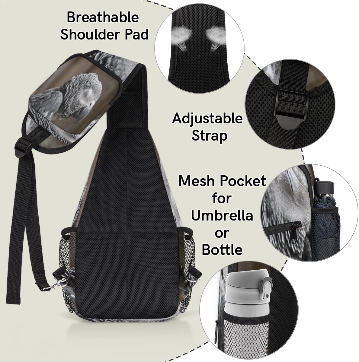 African Gray Parrot Sling Bag for Women Men Crossbody Sling Backpack Shoulder Bag Chest Bag Daypack for Travel Hiking Outdoor