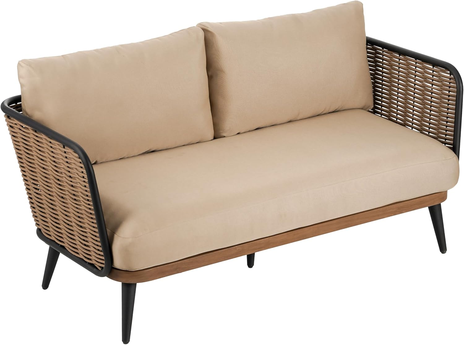 Christopher Knight Home Tobin Patio Loveseat, Outdoor 2-Seater Lounge Sofa, Woven Wicker Faux Rattan Accents, Iron Frame, Removable Water-Resistant Cushions, Porch/Backyard/Balcony, Beige+Black+Brown