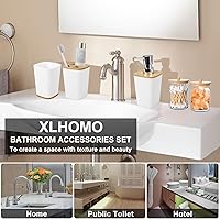Vista 6 de Juego de 9 accesorios de baño, color blanco, hueco, cubo de basura, soporte y recipiente de cepillos de dientes, dispensador de jabón, bandeja