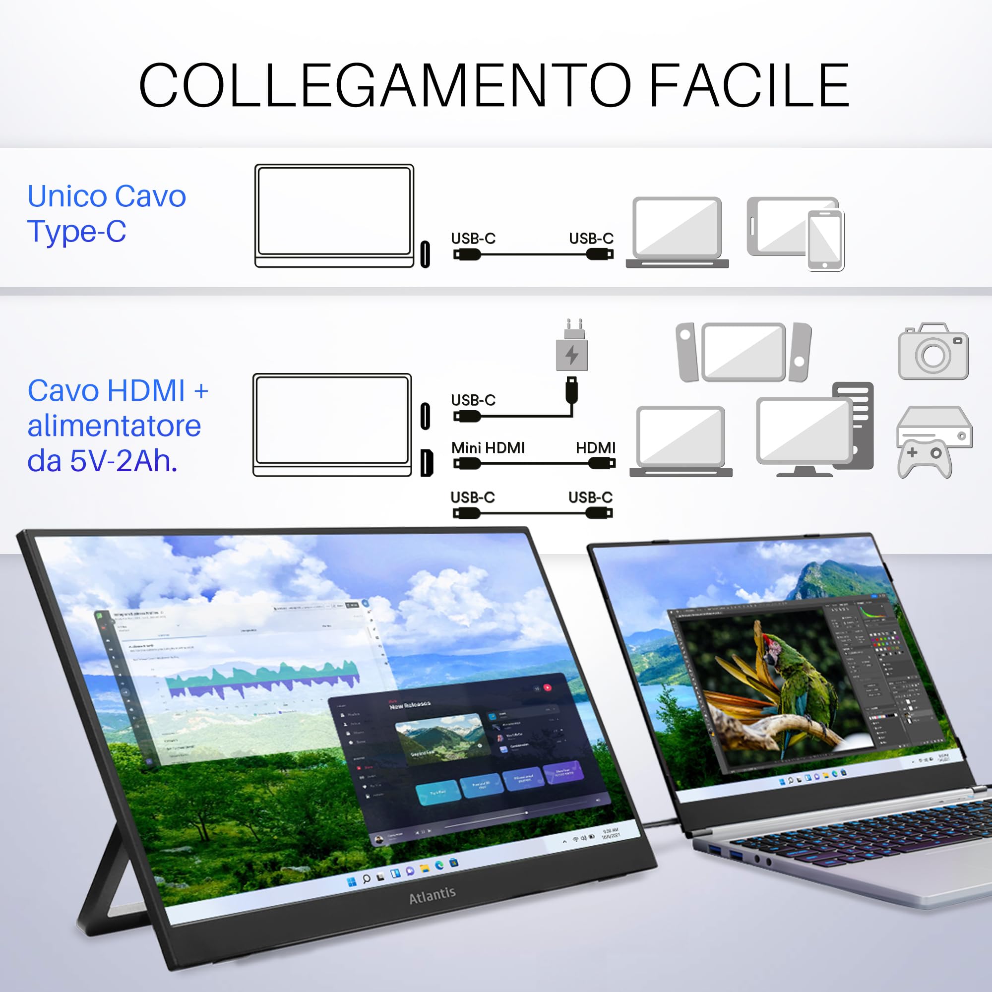 Atlantis Monitor Portatile 16” IPS Full HD, HDMI/USB-C, sotto 1 kg | Speaker 2x1W, inclinazione regolabile, per notebook, console e Switch, cavi inclusi, cod. A05-P156WP