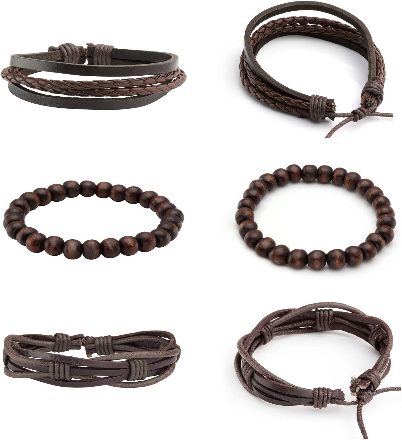 MILAKOO 10 Pcs Braided Leather Bracelet for Men Women Wooden Beaded Bracelets Wrap Adjustable - Image 2