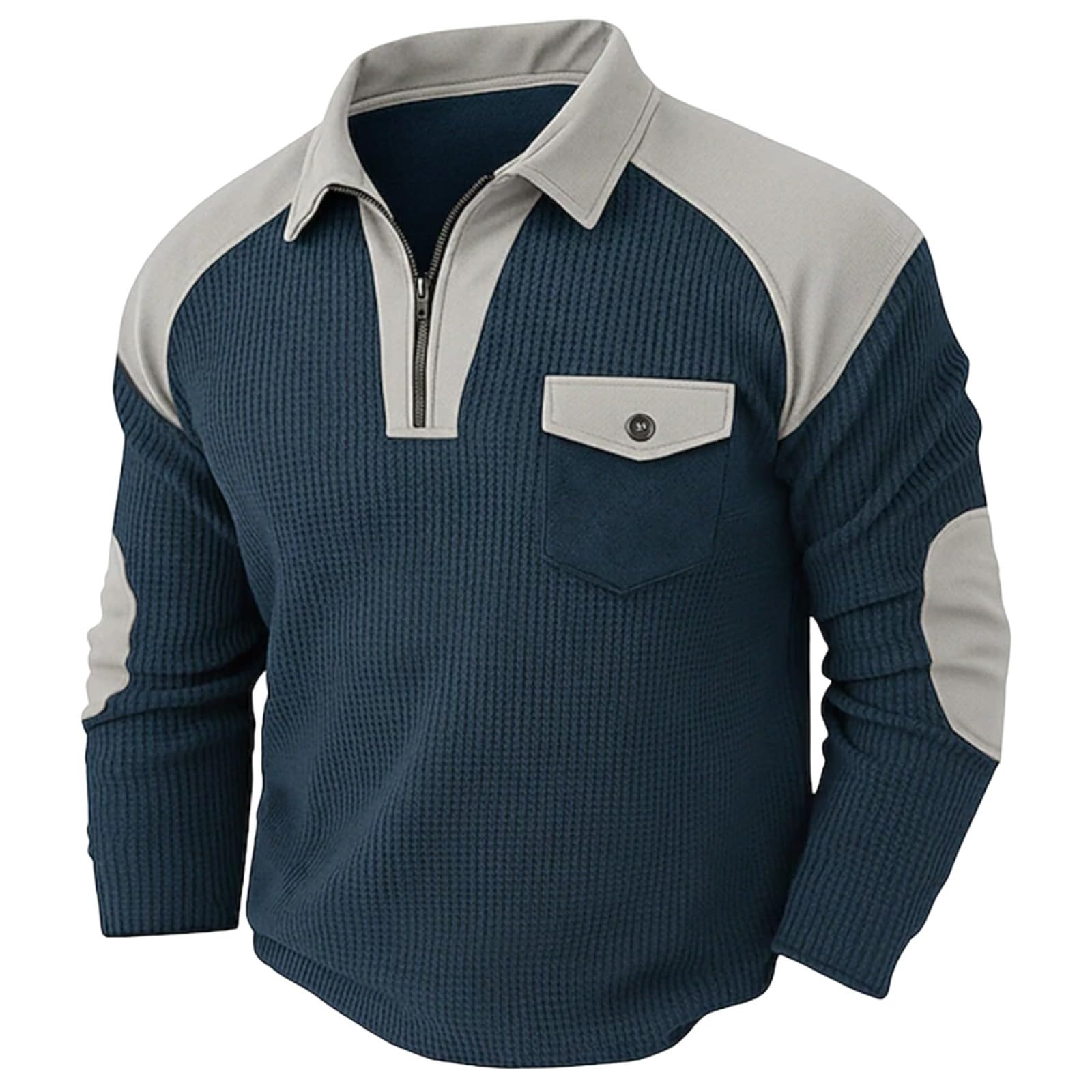 Waffel Karohemd Langarm Herren Sweatshirt mit Klappentasche Vintage Revers Shirt Reißverschluss Herrenshirt Stylisch lässige Hemd Longsleeve für Männer