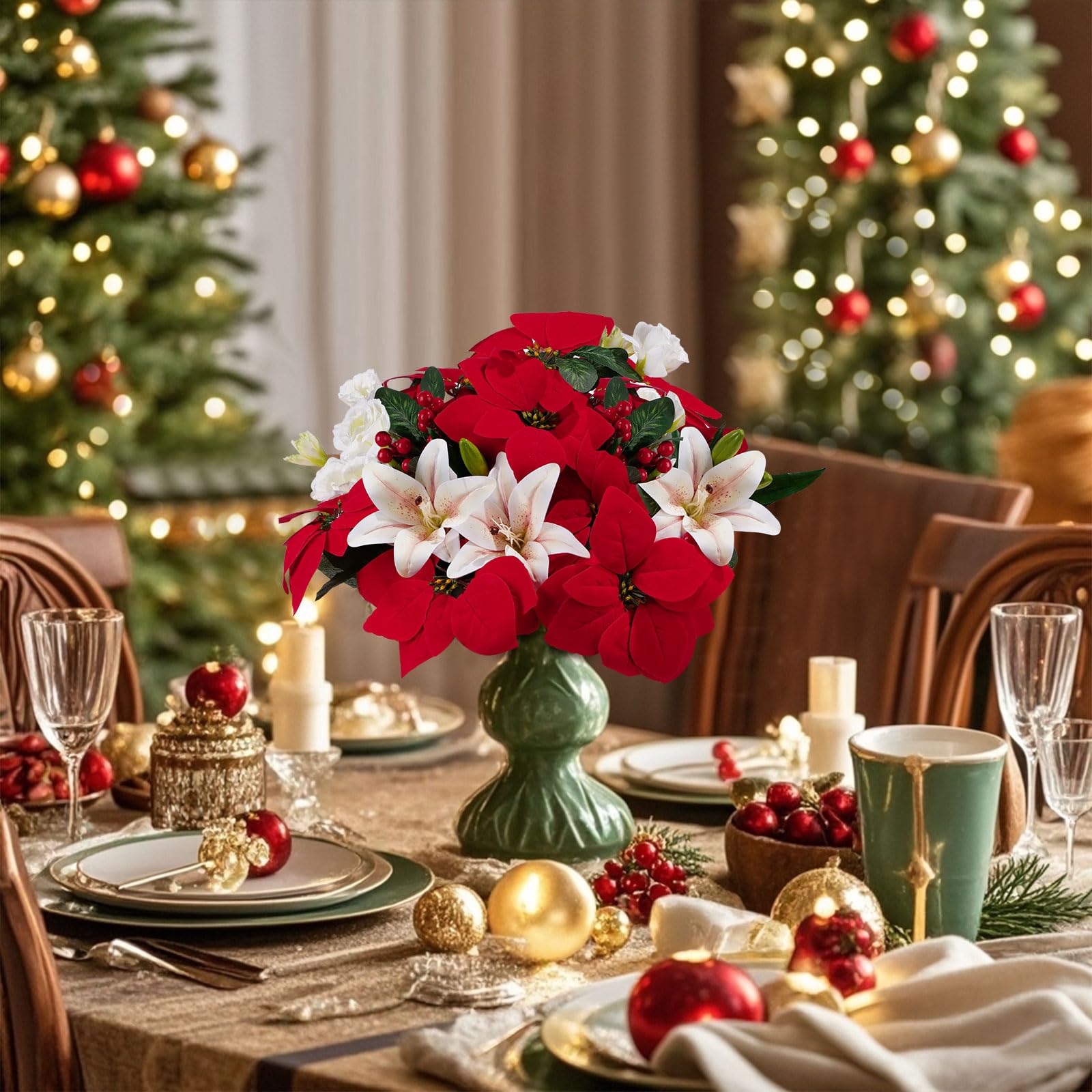 Ramo de flores de Pascua artificiales de Navidad para decoración de centro de mesa de Navidad, flores falsas de seda, arreglos florales de Navidad para rellenar jarrones del hogar, interiores y