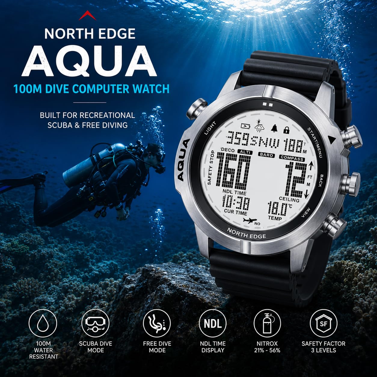 NORTH EDGE Aqua Montre d'ordinateur de plongée Professionnelle pour Homme Plongée sous-Marine 50M Montres de plongée avec Journal de plongée Altimètre Baromètre Boussole