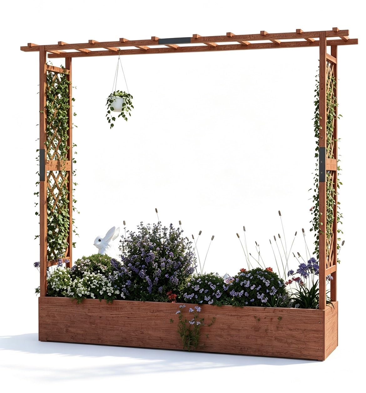 196*44*182cm Garden Planter with Trellis, Wooden Planter with Side Supports