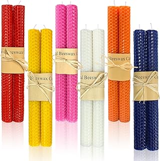 12 Pack Handrolled Beeswax Taper Candles, 9" Long Candlesticks, Dripless & Unscented & Smokeless; 4 Hour Burn Time, 6 Assorted Colors