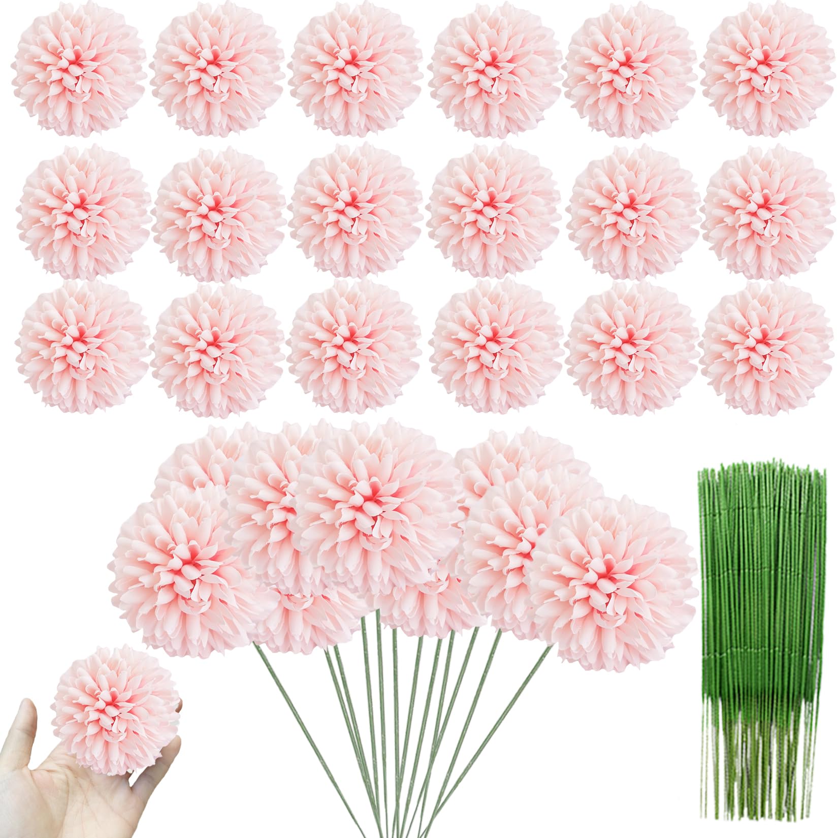 HinyoCo 30 Pcs Artificial Chrysanthemums Heads Ball Flowers，Silk Chrysanthemum Ball Bouquet White Bouquets Hydrangea for Home Office Coffee House Parties and Wedding (Light Pink)