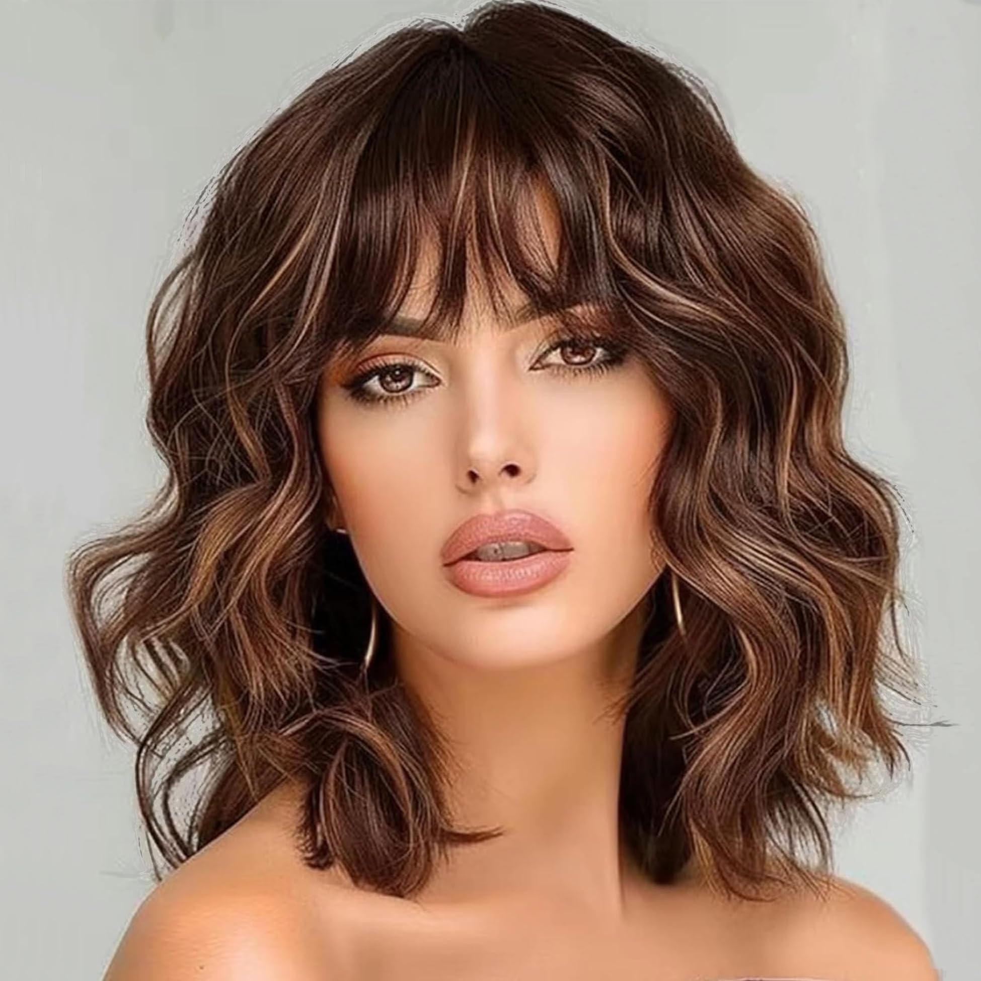 Miuric Short Wavy Wig with Bangs Light Brown Wig for Women Shoulder Length Bob Wig Women's Wigs Synthetic Heat Resistant Fiber Wigs for Daily Party