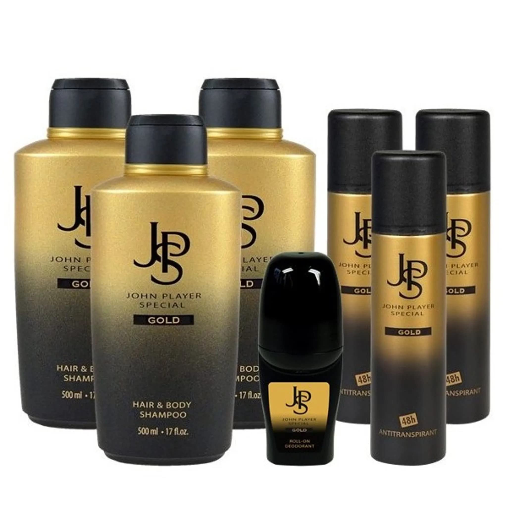 John Player Special GOLD Hair & Body Shampoo 3x500 ml + Deo Spray 3x150 ml + Deo Roll-On 50 ml