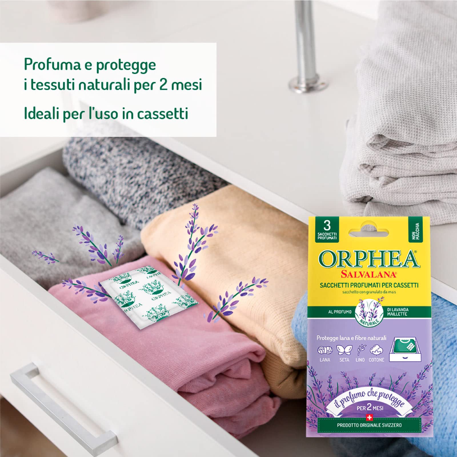 3x Orphea Salvalana Sacchetti Profumati per Cassetti Protegge Lana e Fibre Naturali al Profumo di Lavanda Maillette - 3 Confezioni da 3 Sacchetti Ognuna