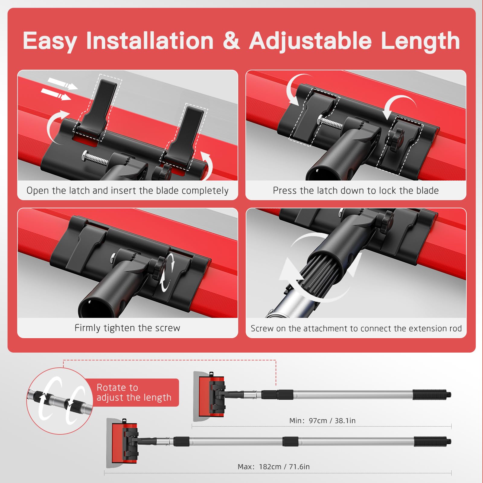 Set professionale di spatole da intonaco in valigetta - 3 spatole da intonaco (250mm, 600mm, 800mm) - Asta telescopica in alluminio - Attacco per manico (3 pezzi rossi)