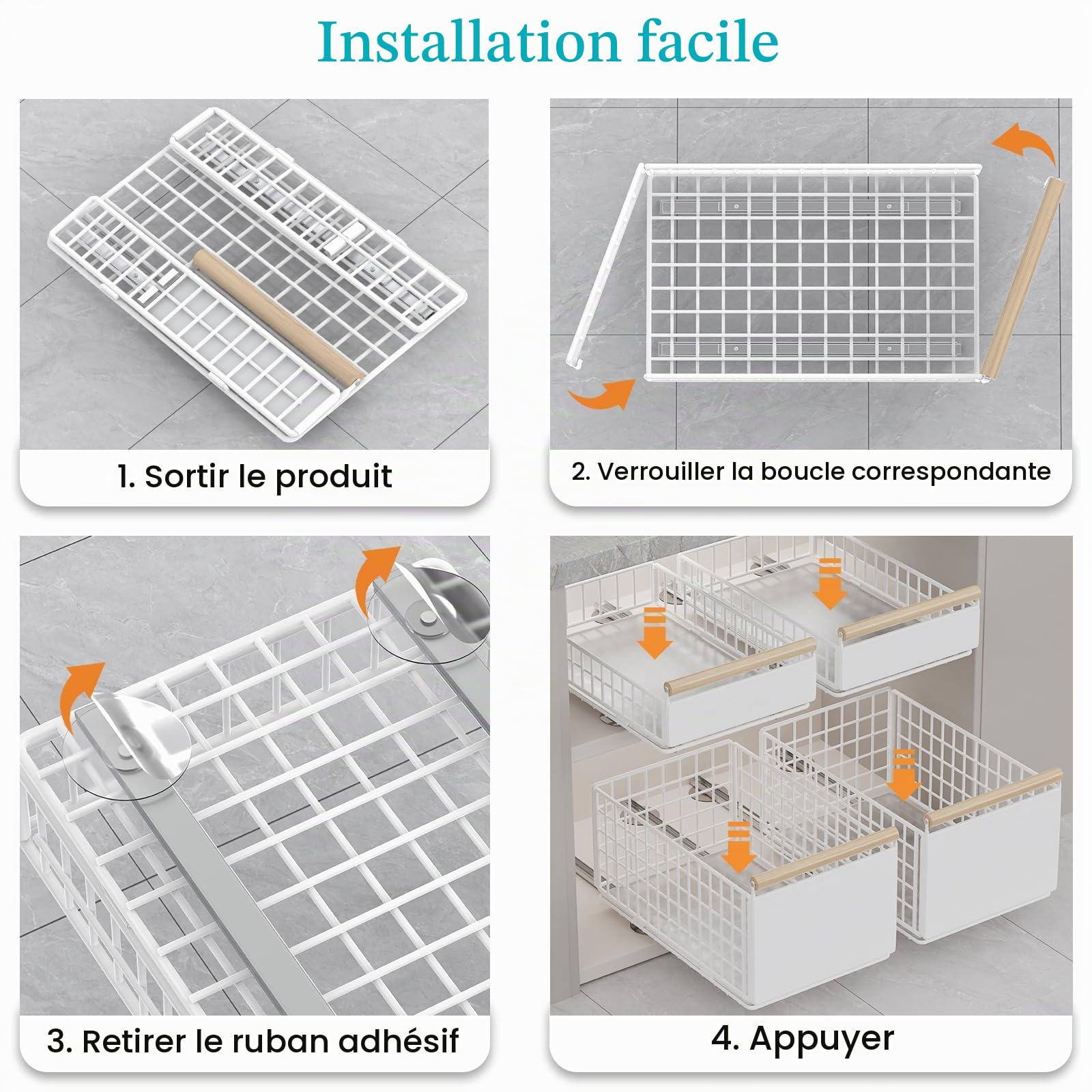 2 Pièce Tiroir Rangement Cuisine Placard, 39.5×23.5×19.5cm, Blanc | Panier Coulissant Adhesif,Organiseurs d'Armoires,Organisation de Placards, Facilité D'Installation,Schubladen Organizer