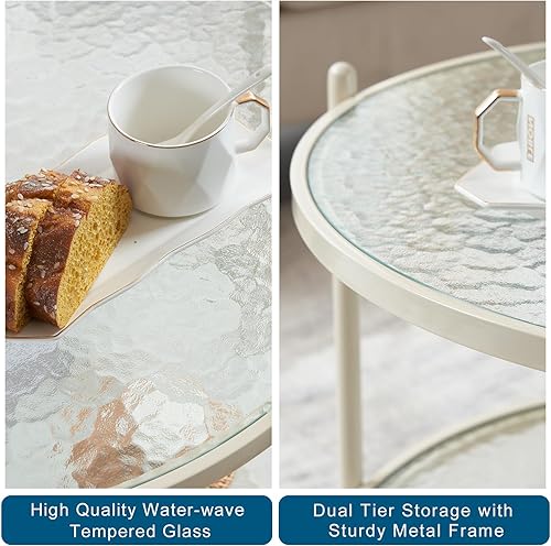 Miniatura 4 de VINGLI Mesa de Centro Redonda Pequeña de 25.6" Blanco Crema con Vidrio de Onda de Agua Círculo Transparente Mesa de Centro, Mesa Central con Diseño