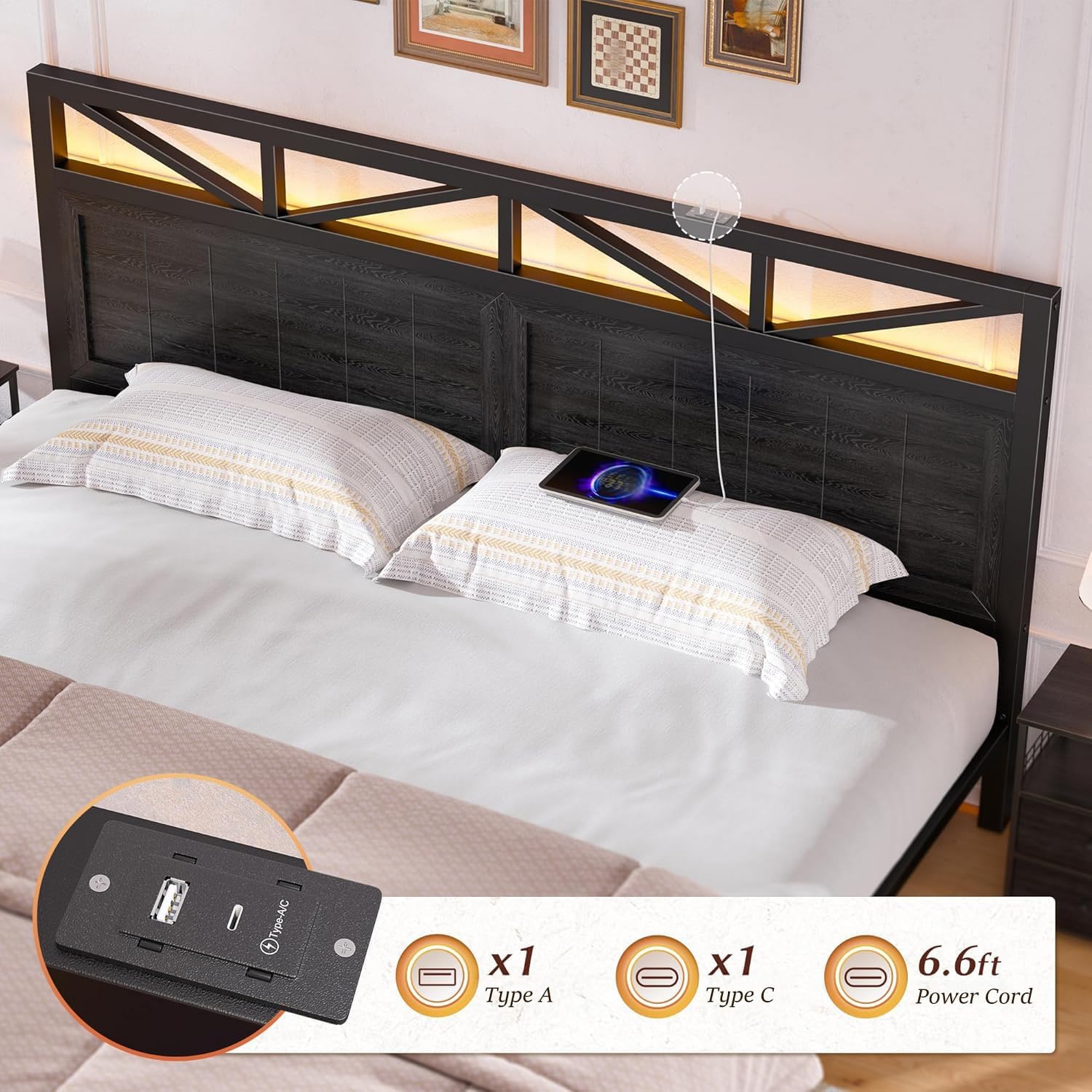 EnHomee King Bed Frame Metal with 2 Storage Drawers, Wooden Headboard with LED Lighting & Charging Station, Bedroom, Apartment, Guest Room, Farmhouse, Black