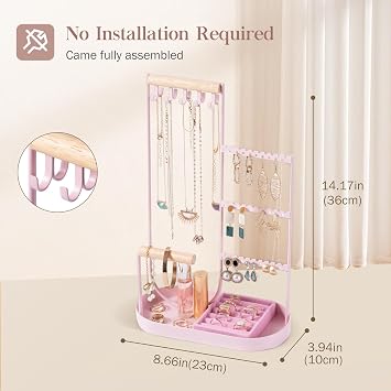 ProCase Jewelry Organizer Tower, 10 Hooks Jewelry Storage Rack Tree Holder Stand with Velvet Ring Display Tray for Necklaces Bracelets Earrings Rings Watches -Pink