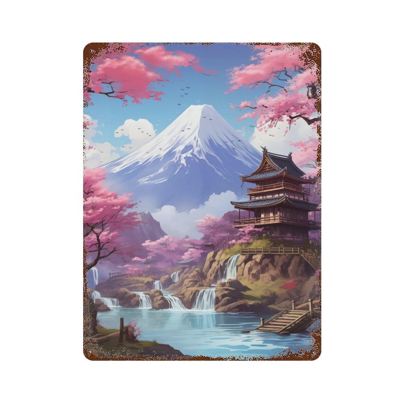 Cherry Blossom Japan Rustic Tin Plaque 15.7"x11.8", for Living Room, Hallway And Home Decor, Decorative Metal Wall Art