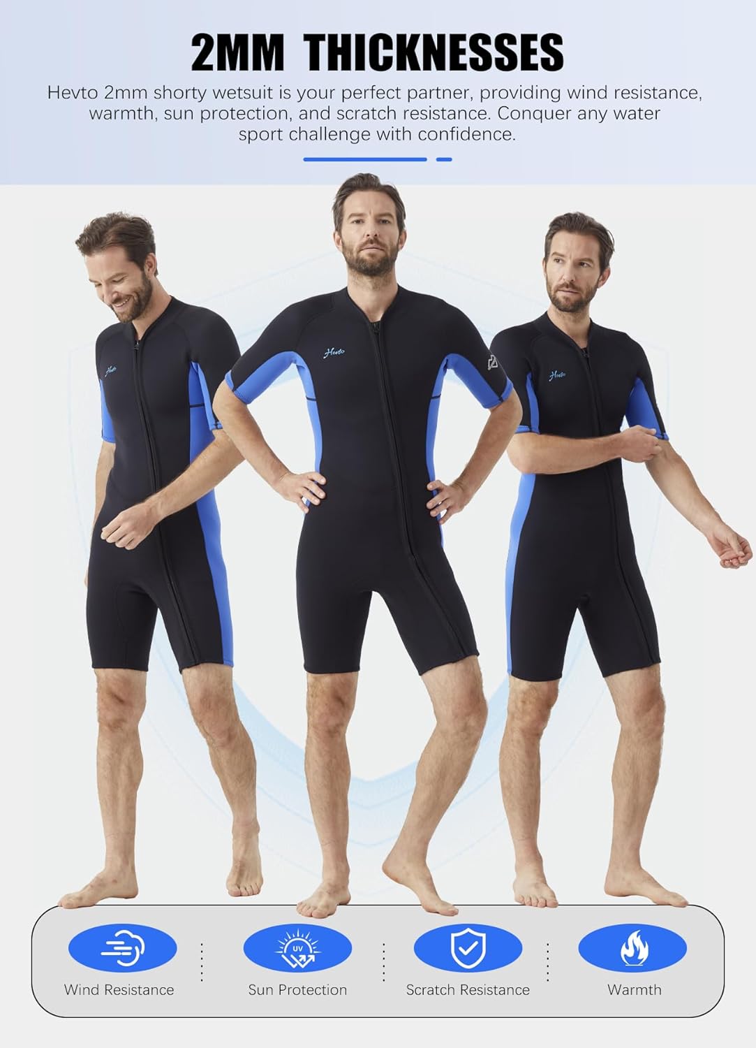 Hevto Men Wetsuit Shorty 2mm Neoprene Short Wet Suit for Surfing Diving Swimming Snorkeling Paddle Boarding - Image 4
