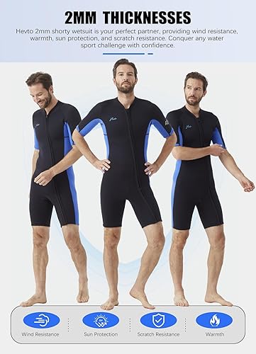 Vista 24 de Hevto Traje de neopreno corto para hombre, 0.079 in, traje húmedo corto para surf, buceo, natación, esnórquel, remo M2S-Cremallera Delantera-Negro
