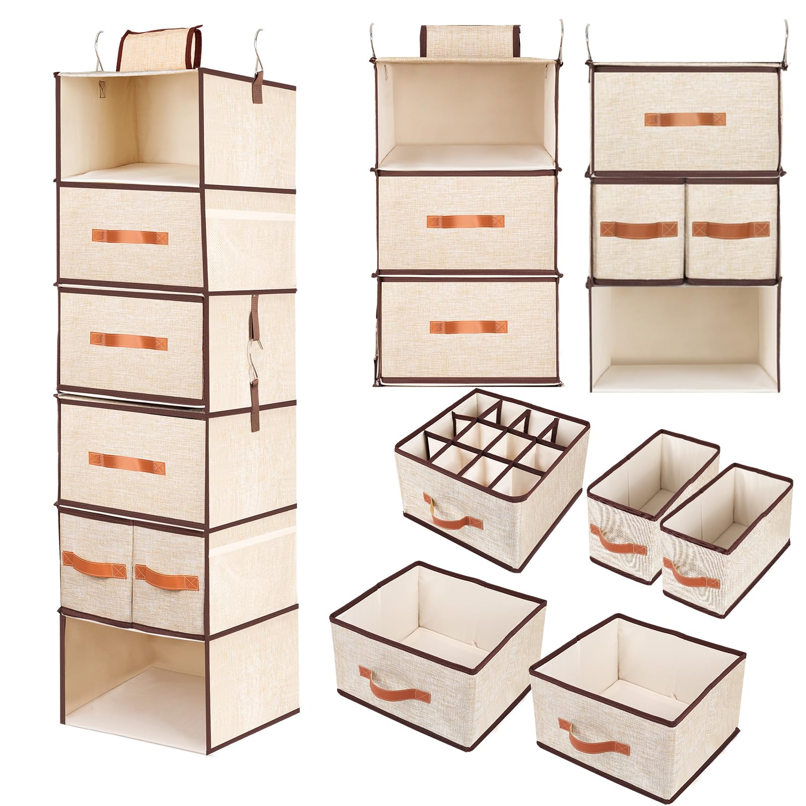 BinWhiz 112 x 32 x32 cm Hanging Shelf Organizer, 6-Tier Fabric Shelves Clothes Bins with Drawers and Hooks for Closet Wardrobe Organization and Storage, Beige