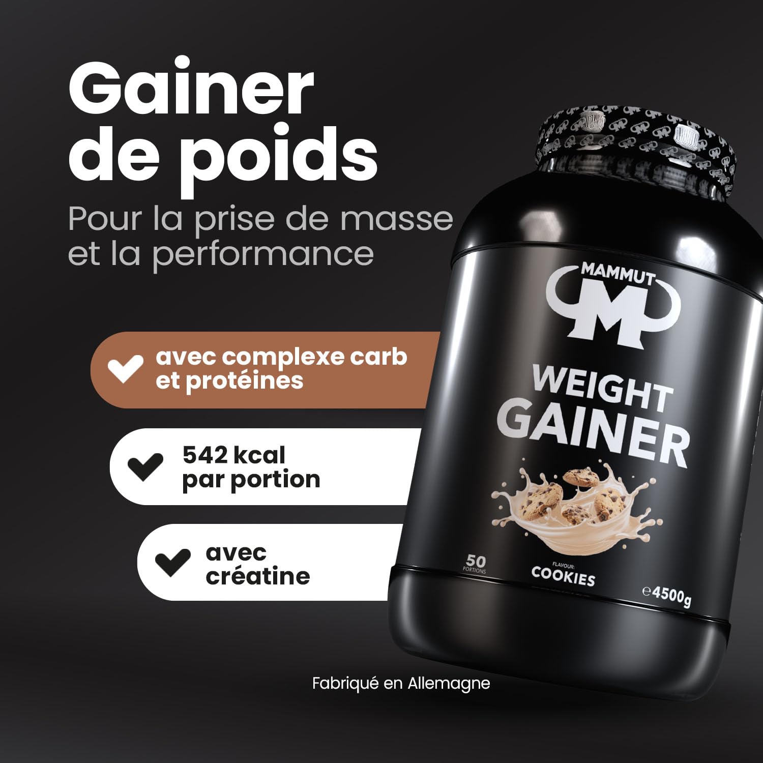Mammut Nutrition – Crash 5000 Weight Gainer 4,5 kg Cookies – Mass Gainer 80% glucides dextrose maltodextrine – 4 protéines + créatine – Prise de masse musculaire 518 kcal