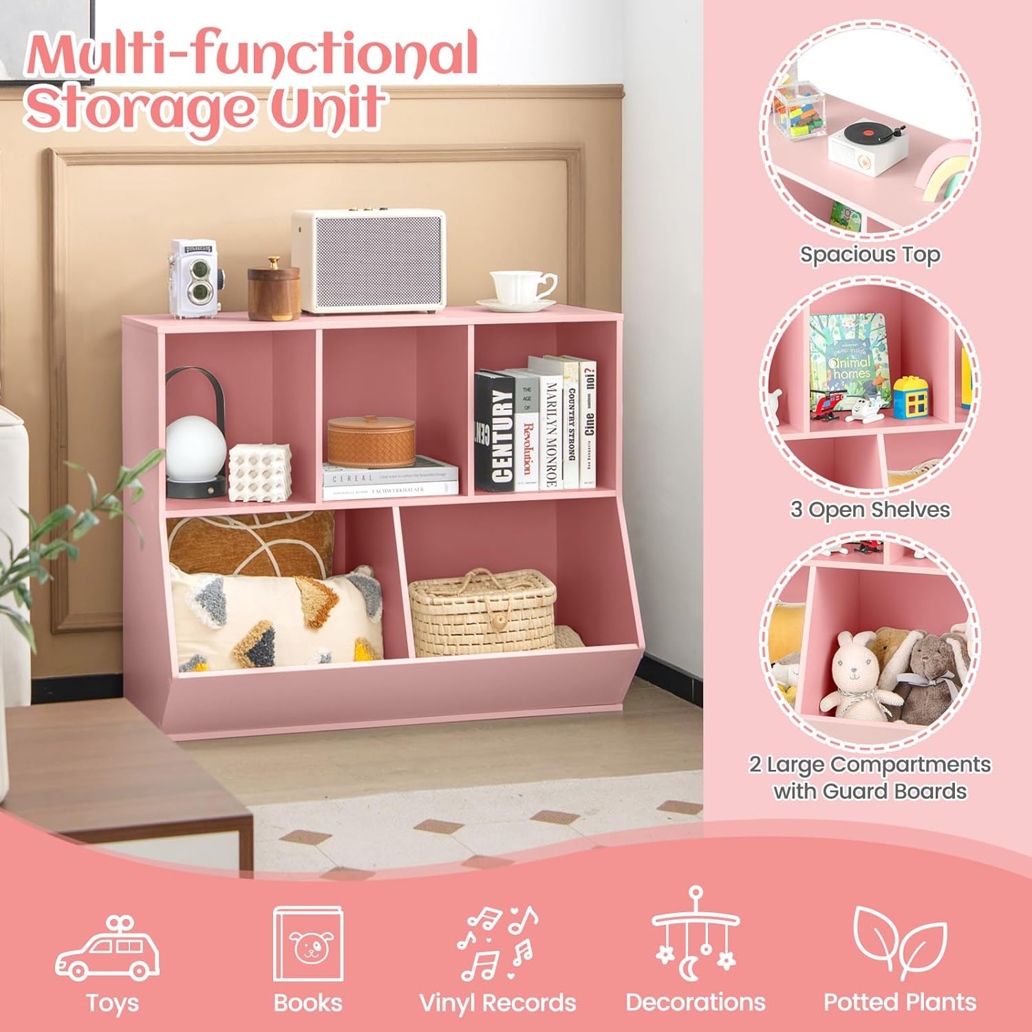 KOTEK 5-Cubby Toy Storage Organizer, Wooden Toy Storage Display Cabinet, Open Toy Shelf, Kids Bookshelf Bookcase for Playroom, Children's Room, Kindergarten, Nursery, Bedroom (Pink)