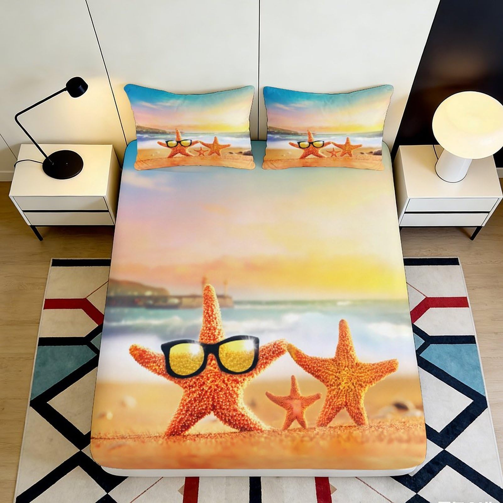 3D Printed beach starfish Fitted Sheet, soft touch Microfiber, wrinkle resistant, home decor, bed cover for apartment bedding, easy care, guest room, 119 90x200x25cm