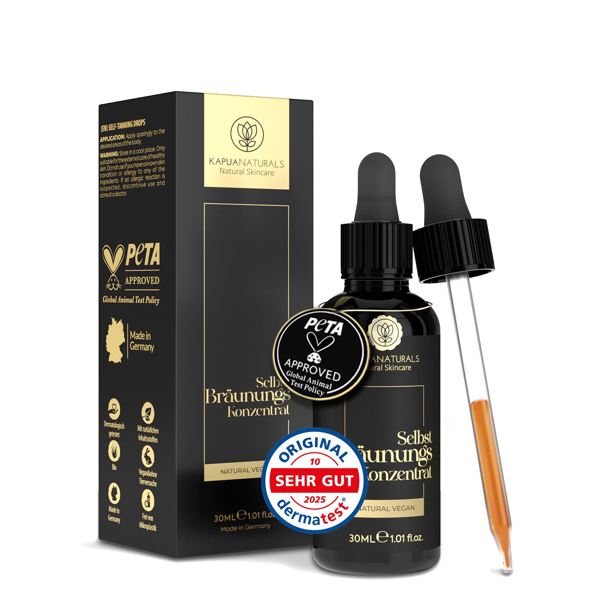Selbstbräuner Gesicht • Self Tanning Drops • 30ml Konzentrat mit TAN&CARE SYSTEM für gleichmäßige, natürliche Bräune • Selbstbräuner Tropfen • mit Pflege mischbar • pH-kalibriert • mit Peptid-Booster