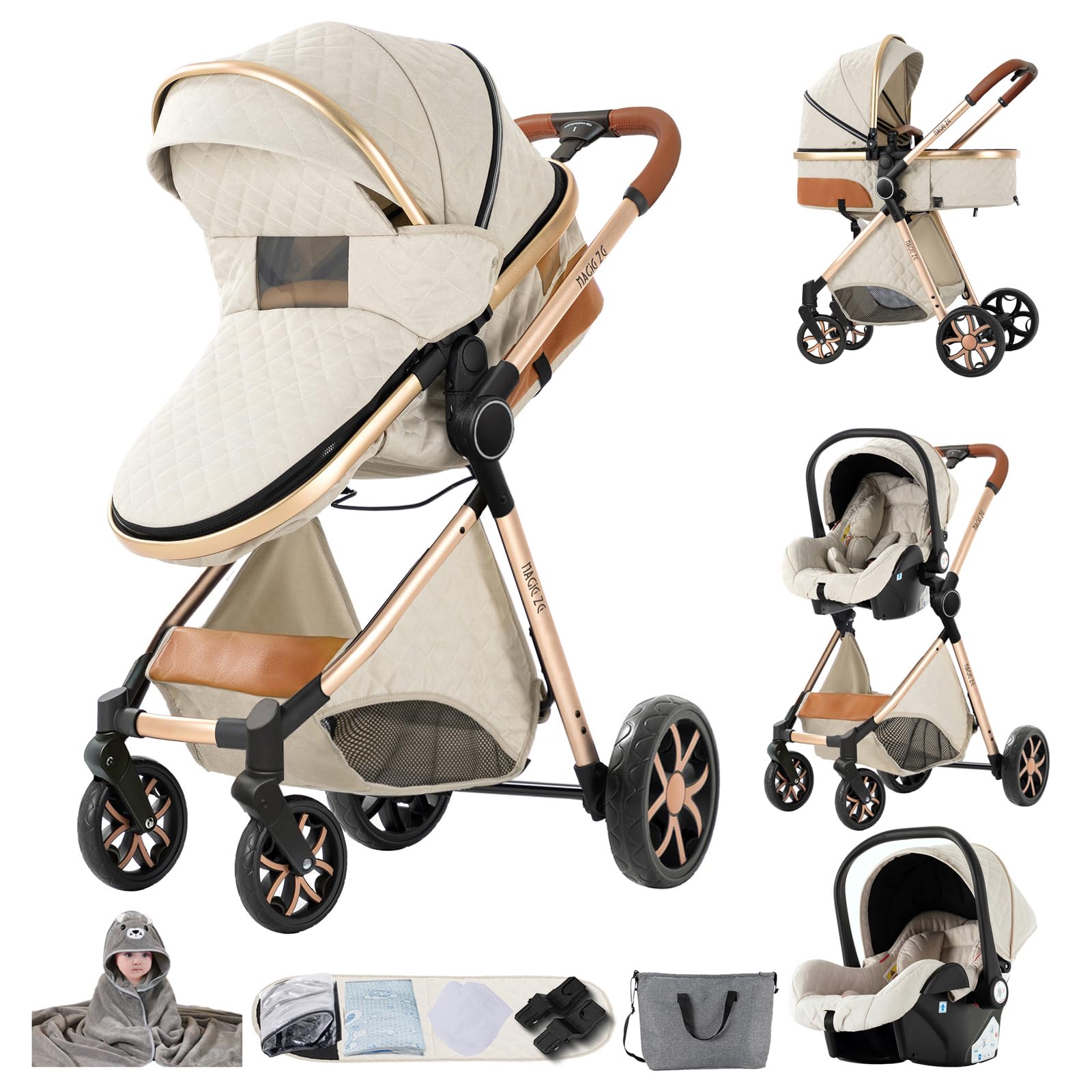 MoLi Poussette 3 en 1, Pousette Bebe avec Mode Double Poussée Réversible, Pousette Citadine Nacelle Grande, Poussette Combinée Cadre en Alliage d'aluminium Pliable Haut Paysage (YV9 Creamy White)