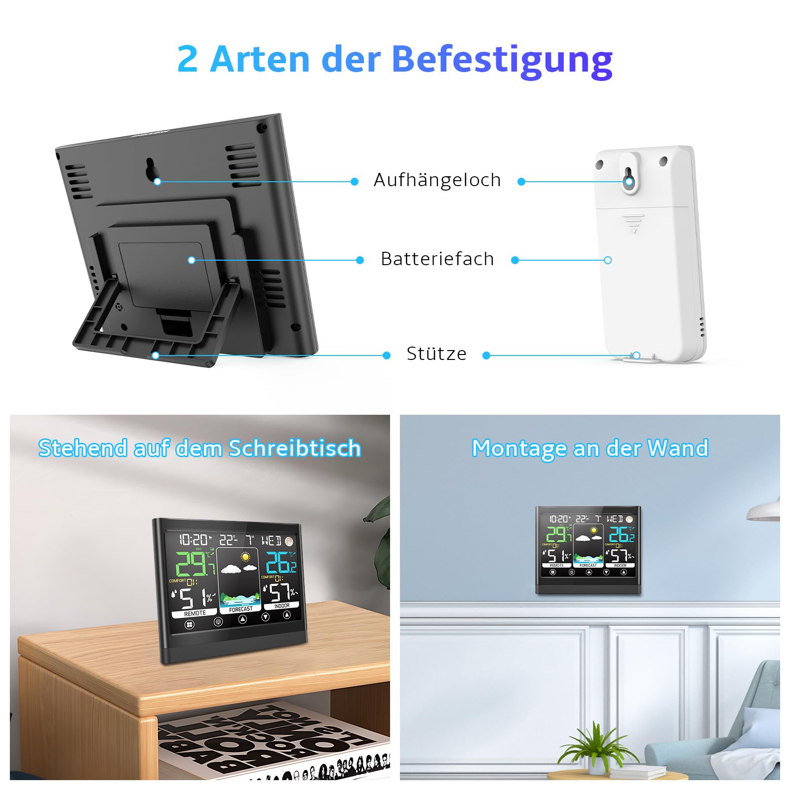 jely Wetterstation Funk mit Außensensor, Thermometer Hygrometer Innen/Außen, VA Farbdisplay Wetterstationen Innen und Außentemperatur Funk mit Wettervorhersage,Luftfeuchtigkeit,Mondphase,Uhrzeit&Datum