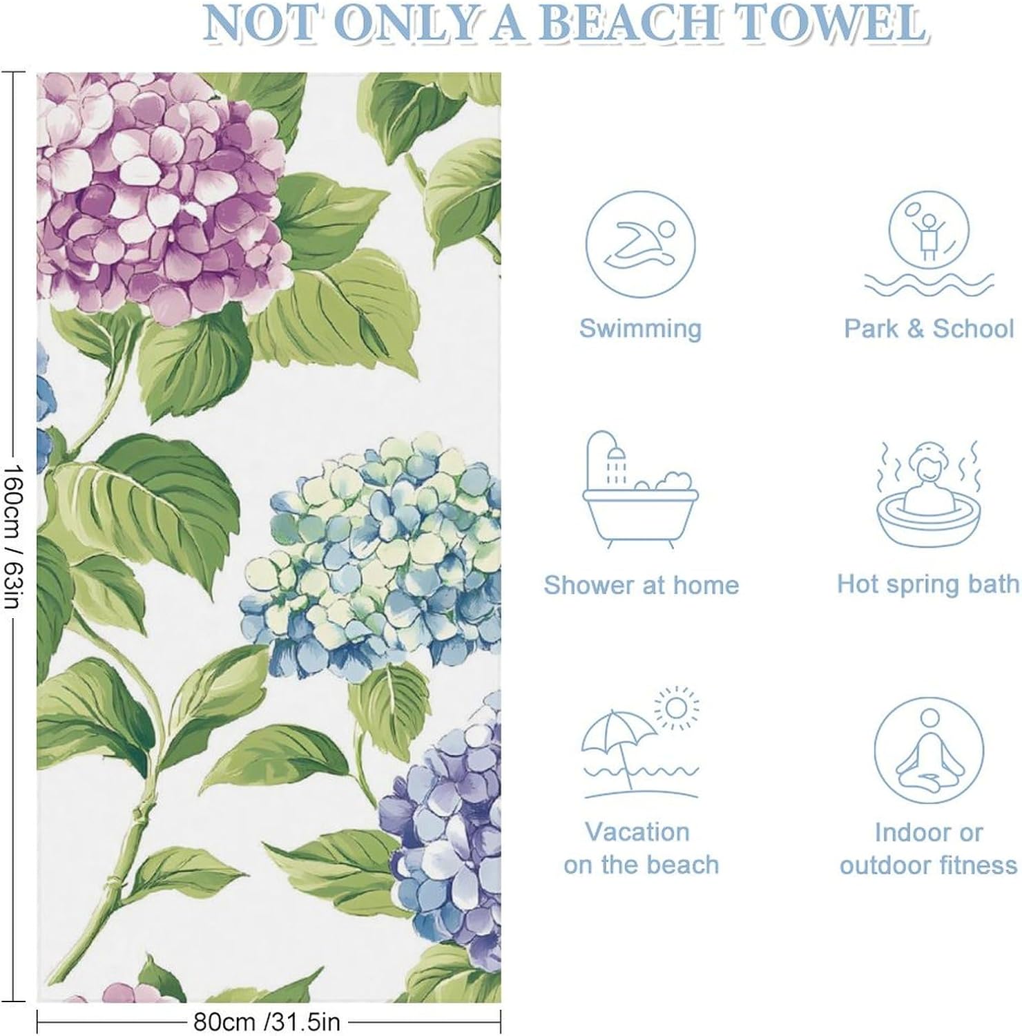 Watercolors Hydrangeas Flowers Beach Towels Oversized Jumbo Large Yoga Bath Towel for Pool Yoga Swim Body 160x80cm