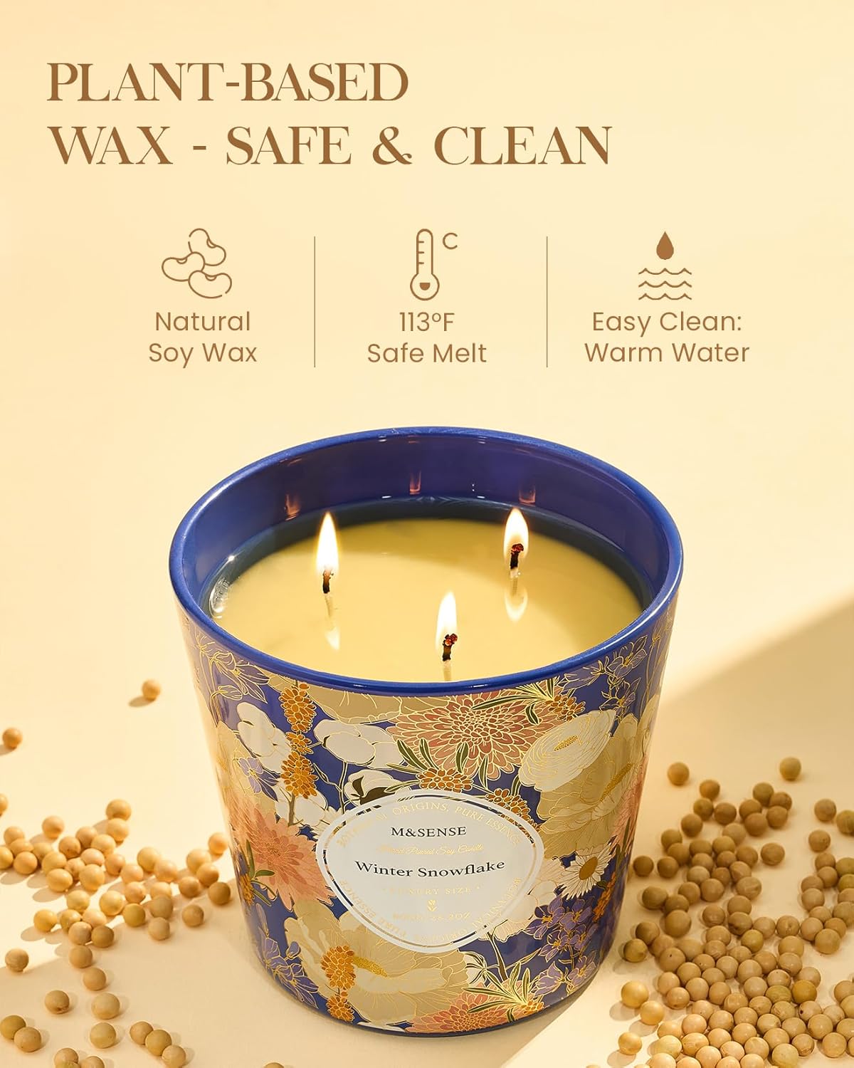 M&SENSE Winter Snow Flake Scented Candle, 28.2oz 3 Wick Natural Soy Wax Large Candles, Long Lasting Clean Slow Burning No Toxic Décor for Home Relaxation, Romantic Dates & Gift-Giving - Image 4
