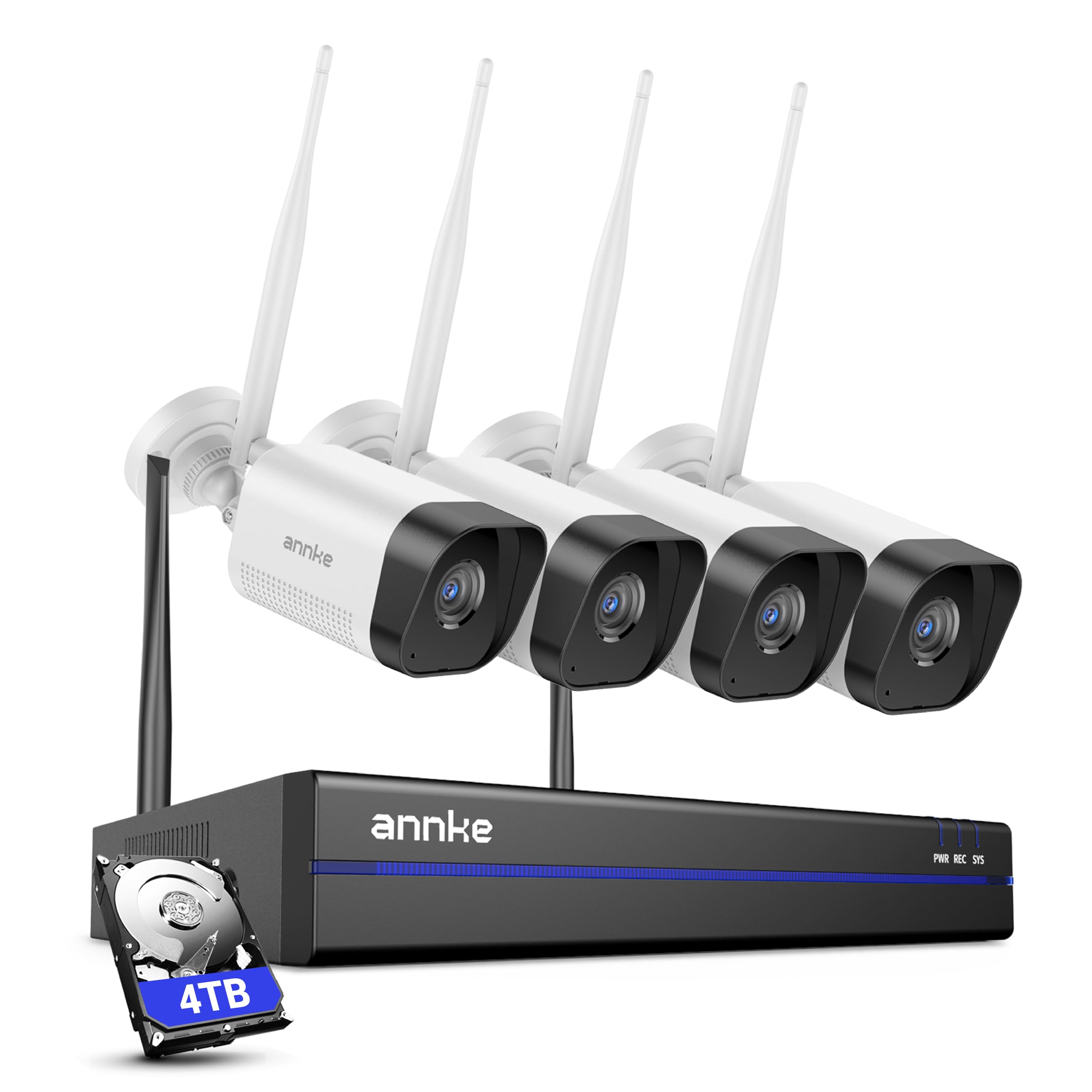 ANNKE 3MP WLAN Überwachungskamera Set Aussen, 4X 3MP WiFi Kameras, 16CH 4K NVR mit 4TB HDD für 24/7 Aufnahme Innen Outdoor, Smarter Personenerkennung, 2-Wege-Audio, 30M IR Nachtsicht, IP66