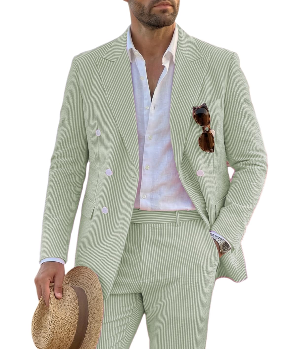 Photo 1 of Seersucker Summer Suit Mens 2 Piece Blazer Pants Set Beach Wedding Outfit for Men Classic Fit Casual Sear Sucker Suit for Grooms Prom Party Light Green L