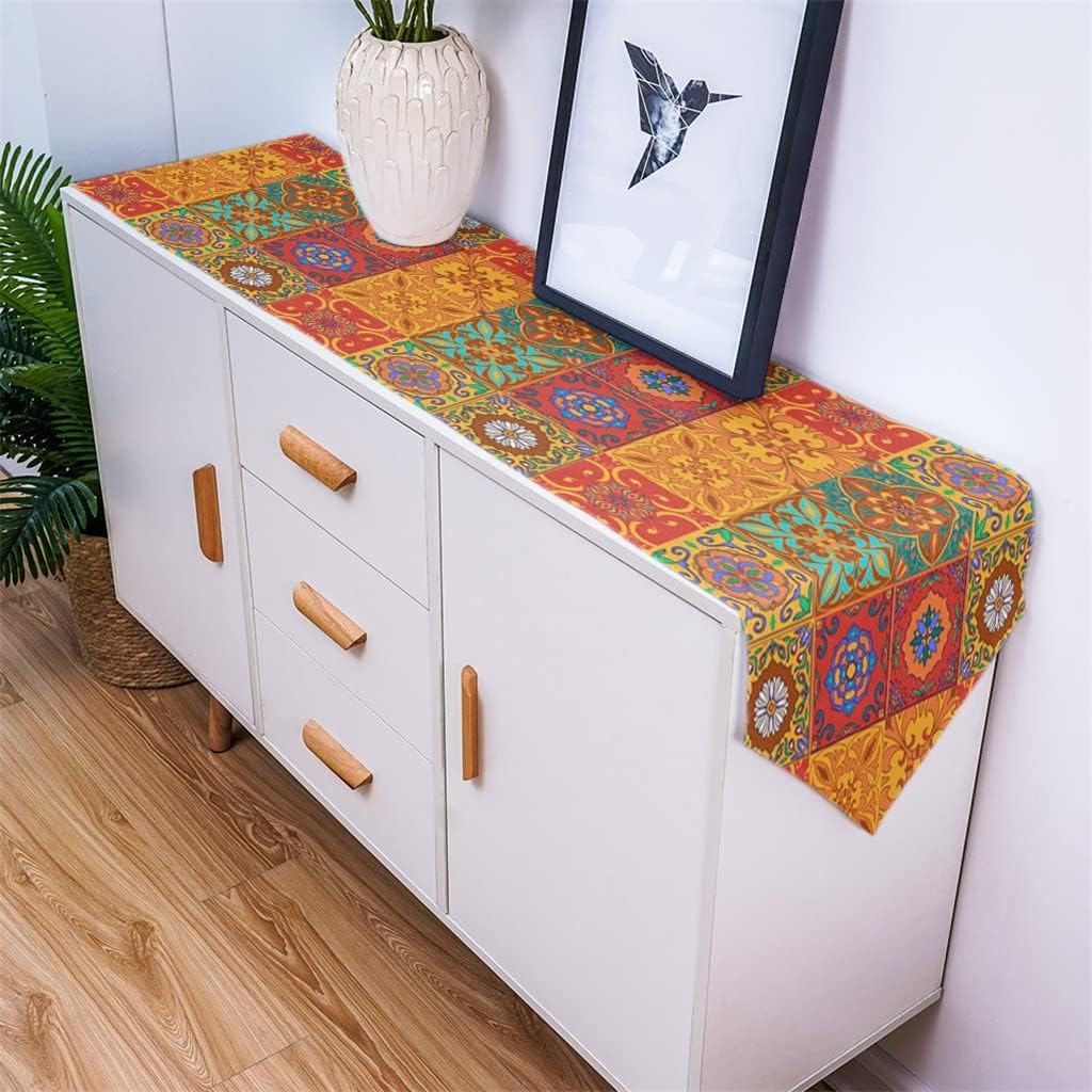 Retro Tile Pattern Image Table Runner Christmas Decorations for Home Table Cloth for Wedding Party Home Decor(36x183cm)