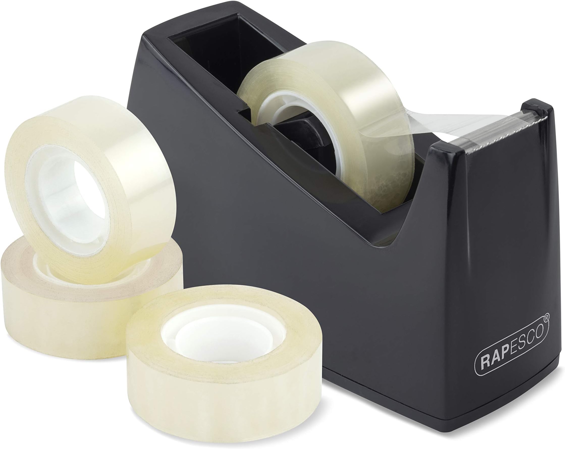 Rapesco 1619 300 Tape Dispenser for Rolls with 1" (25 mm) Core, Includes 4 Tape Rolls, Black