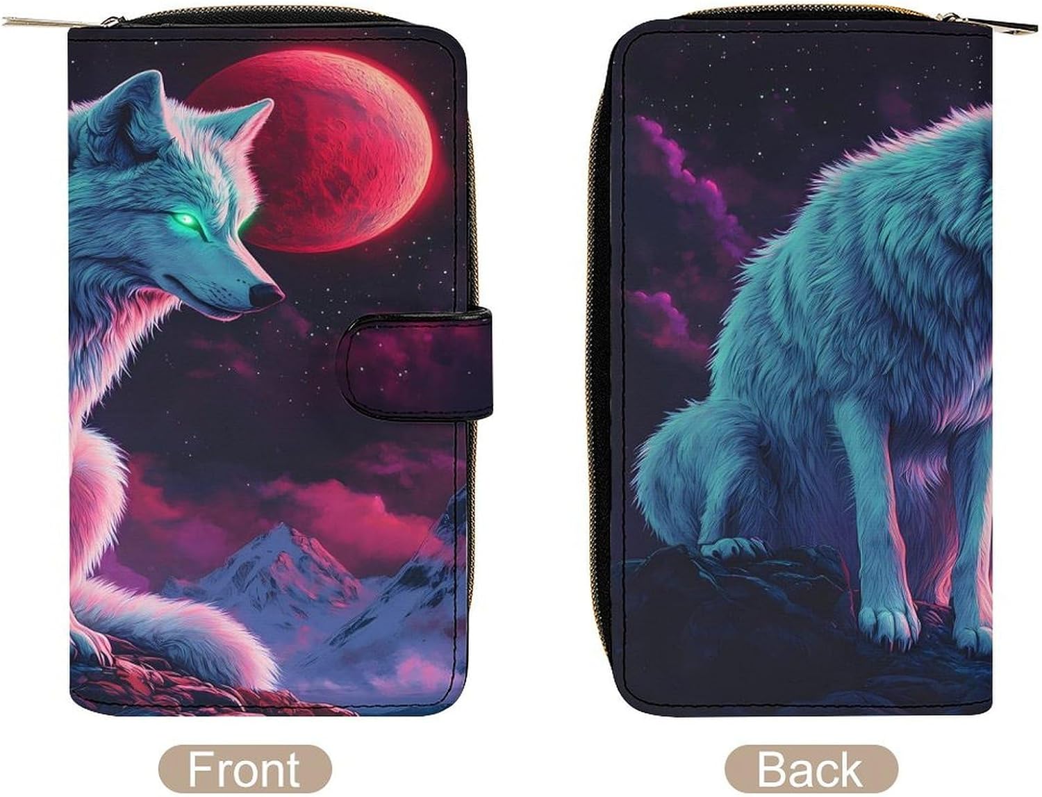 Wolf Full Moon Leather Wallet Purse Bifold Card Holder with ID Window Long Coin Clutch for Men Women