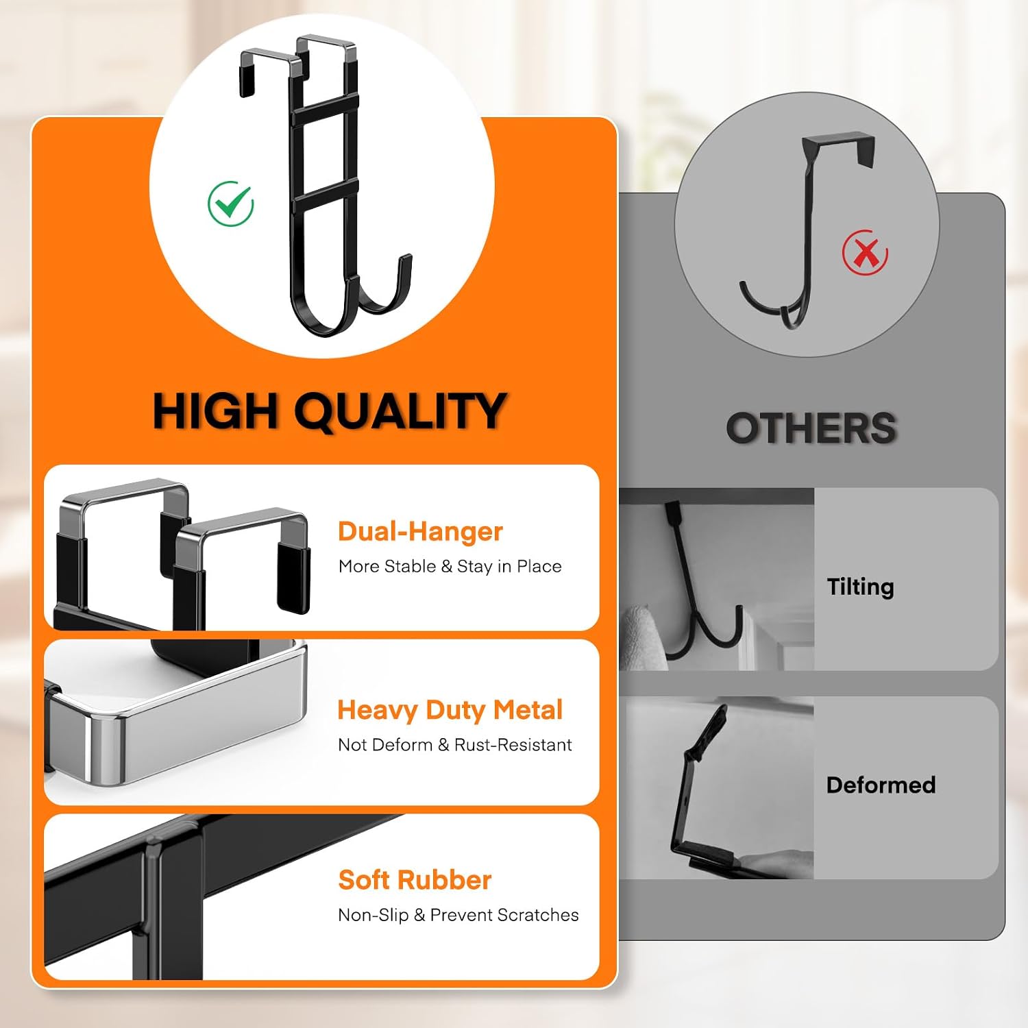 FYY Over the Door Hooks, Double-Hanger 2 Pack, Fits Doors 1.6" Black image 3
