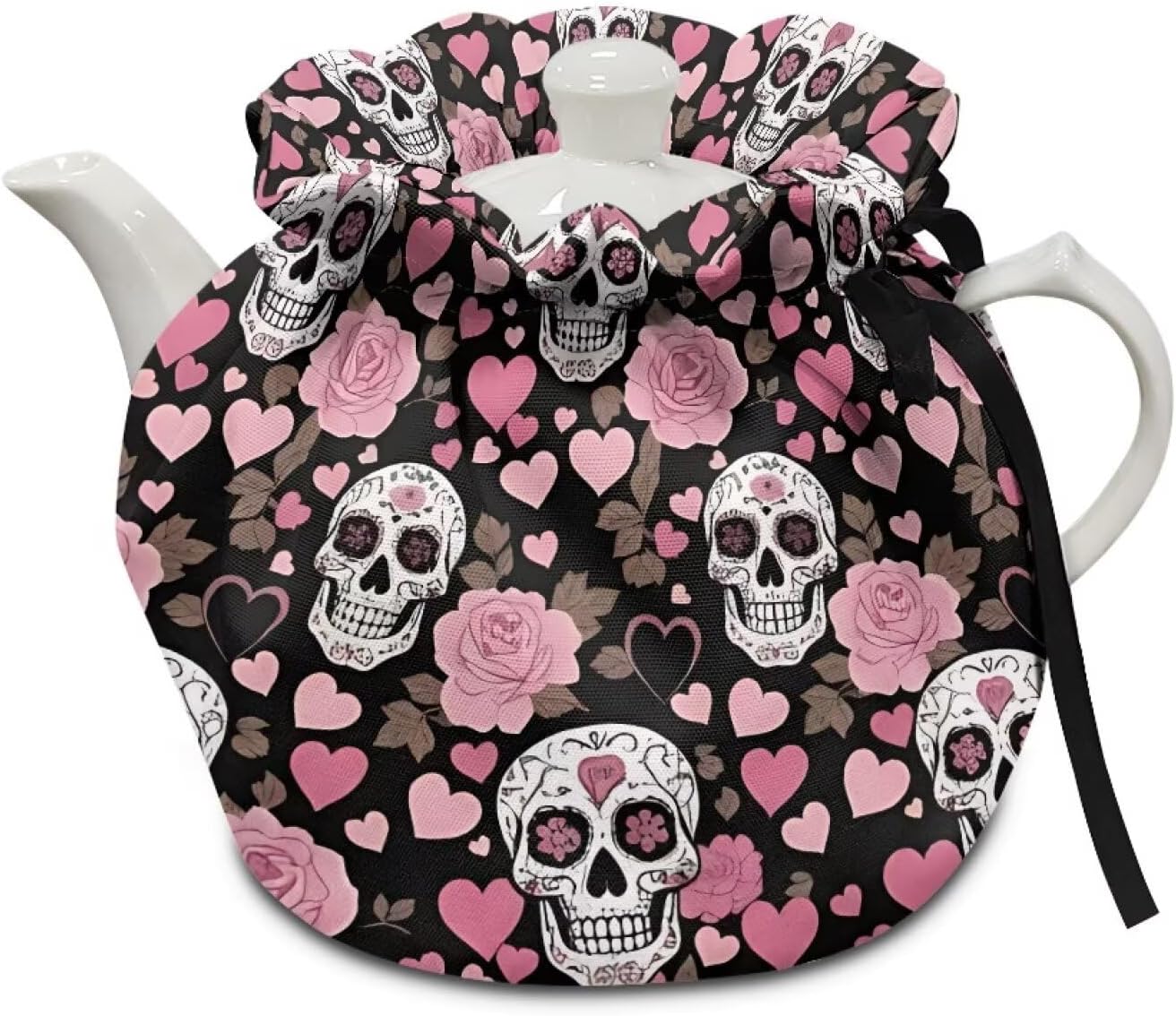 Talayituse Sugar Skull Flower Heart Print Tea Cosy Tea Kettle Cover Insulation and Keep Warm, Teapot Cozy Breakfast Warmer, Teas Kettle Quilt for Home Kitchen Table Hotel Teas Party Restaurant