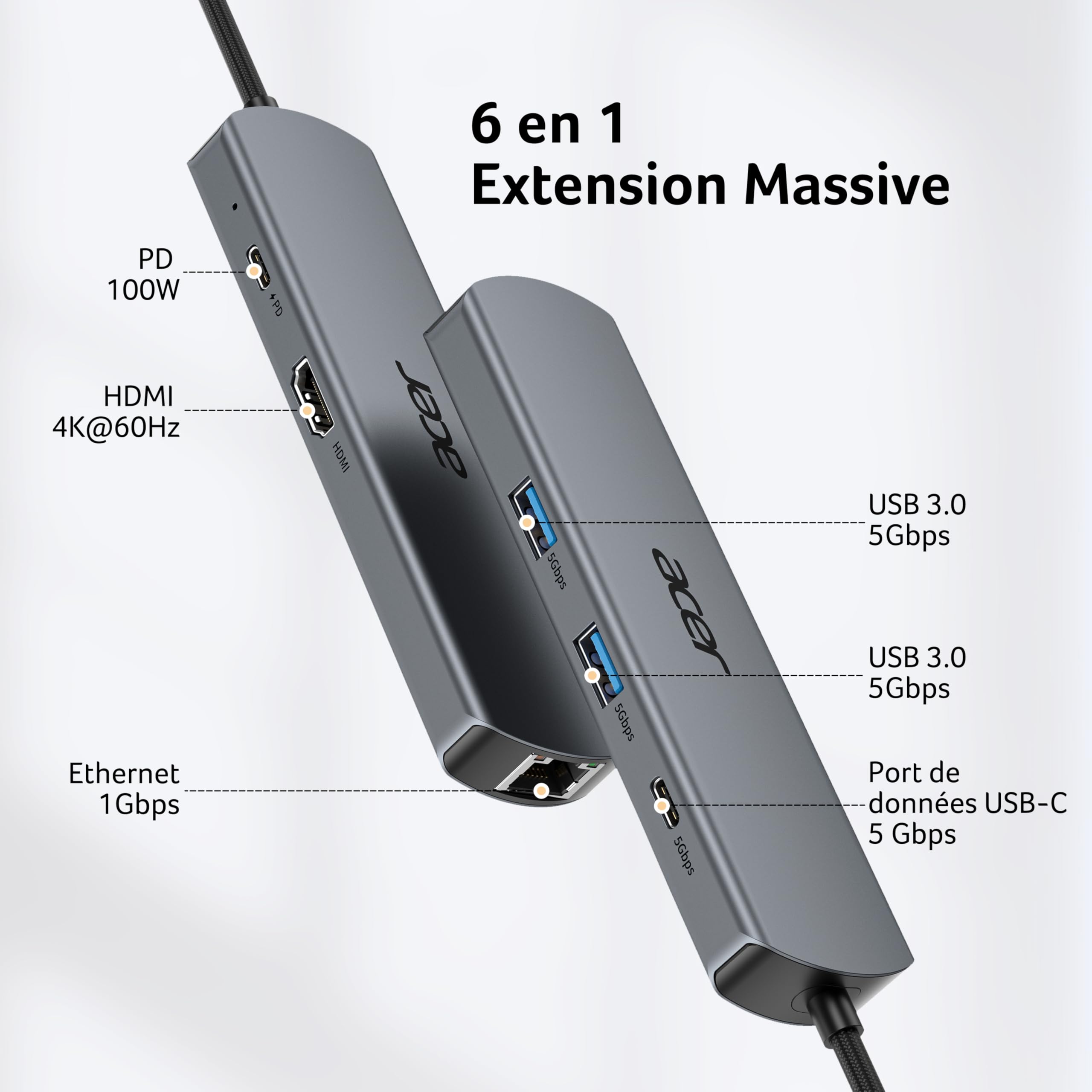 Acer Station d'accueil USB C 6 en 1 avec Ethernet 1Gbps, HDMI 4K@60 Hz, USB-C 100W PD, USB-A 3.0