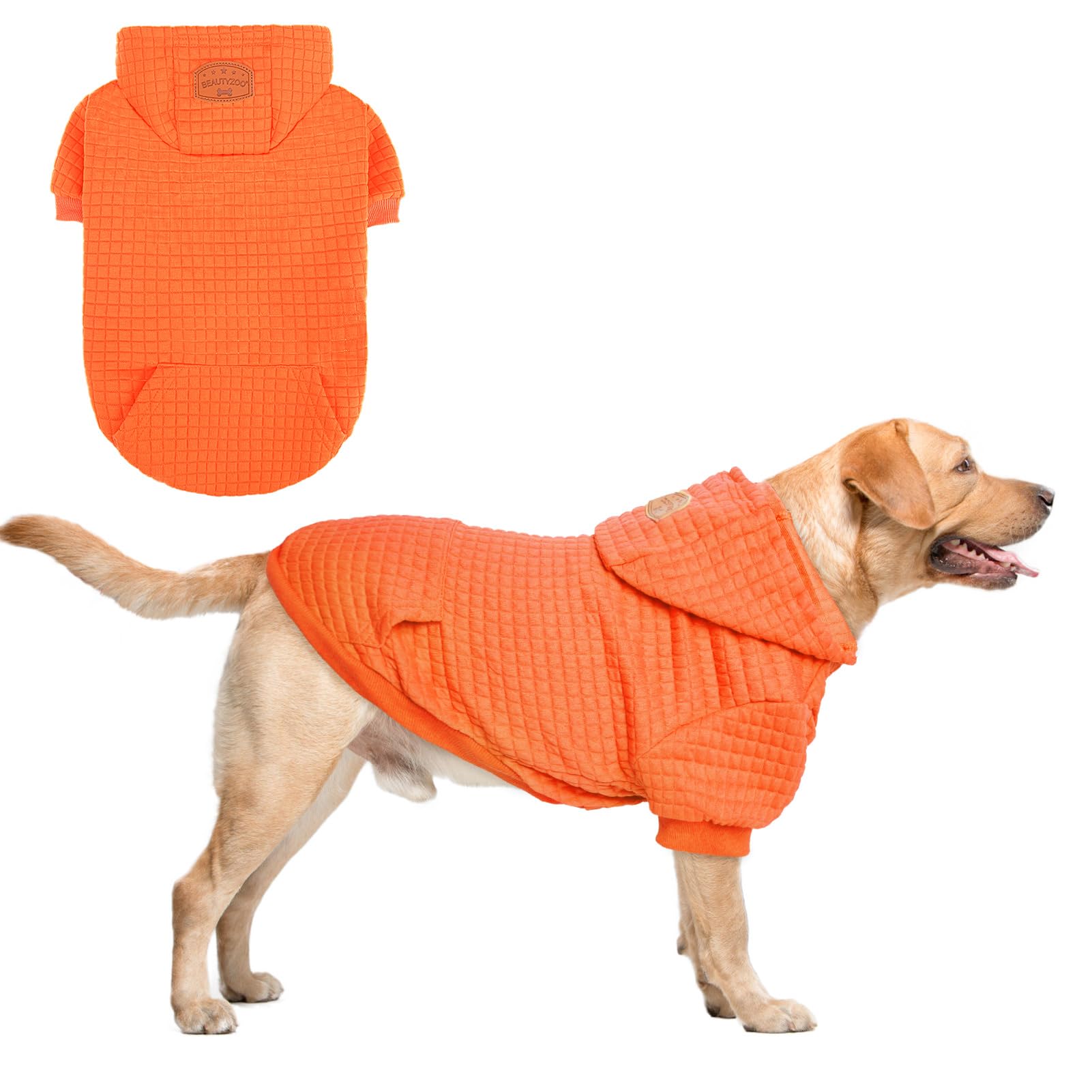BEAUTYZOO Small Dog Hoodie Sweater with Pockets, Dog Clothes for Small Medium Dogs Boy Girl, Waffle-Like Laminated Cotton Pet Coats with Hat and Leash Hole, Orange L