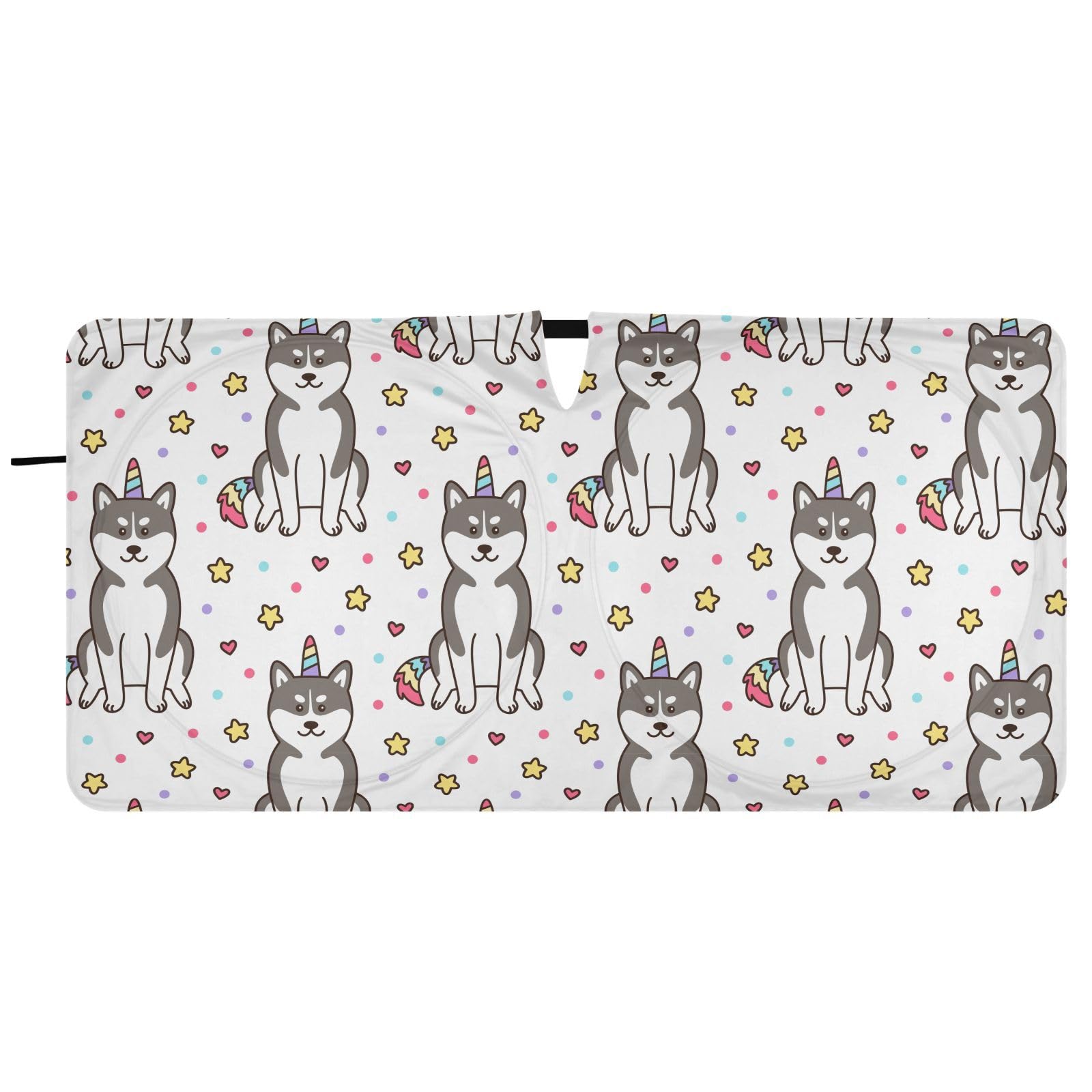Husky Dog Unicorn Front Windshield Sun Shade for Car Trucks Foldable Car Sun Visor with Storage Pouch Sun Shield for Automotive Interior Accessories Most Sedans SUV Window