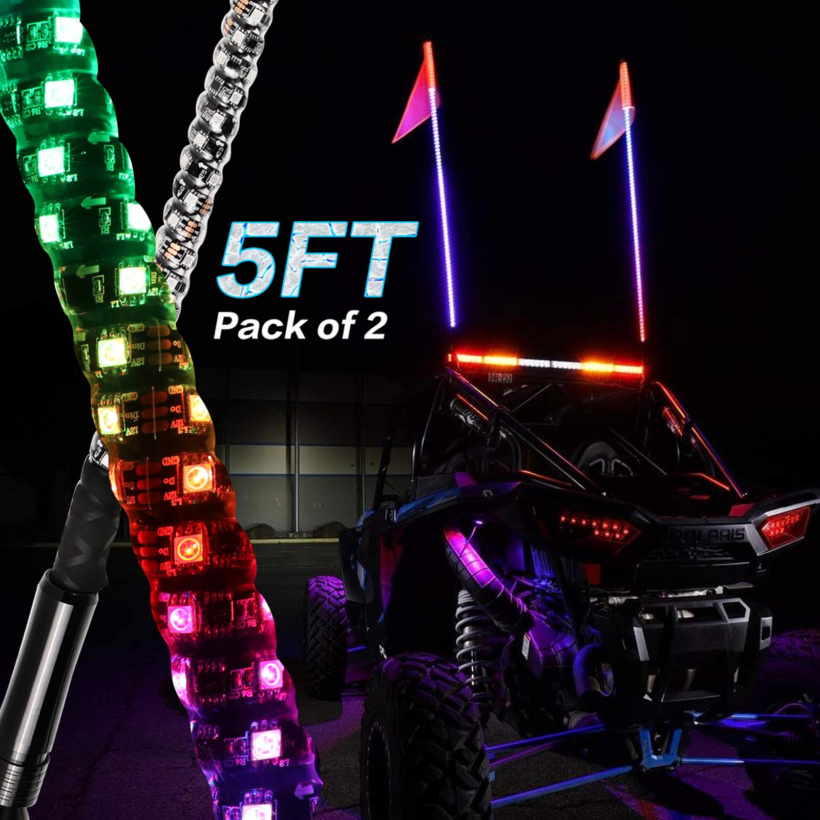 YCHOW-TECH LED Whip Lights, 2 Pack 5 Feet Whip Lights Lighted Whips with Remote Control RGB Dancing/Chasing Light LED Antenna Whips Spiral LED Light Whips for UTV ATV RZR Polaris SXS Buggy Dune