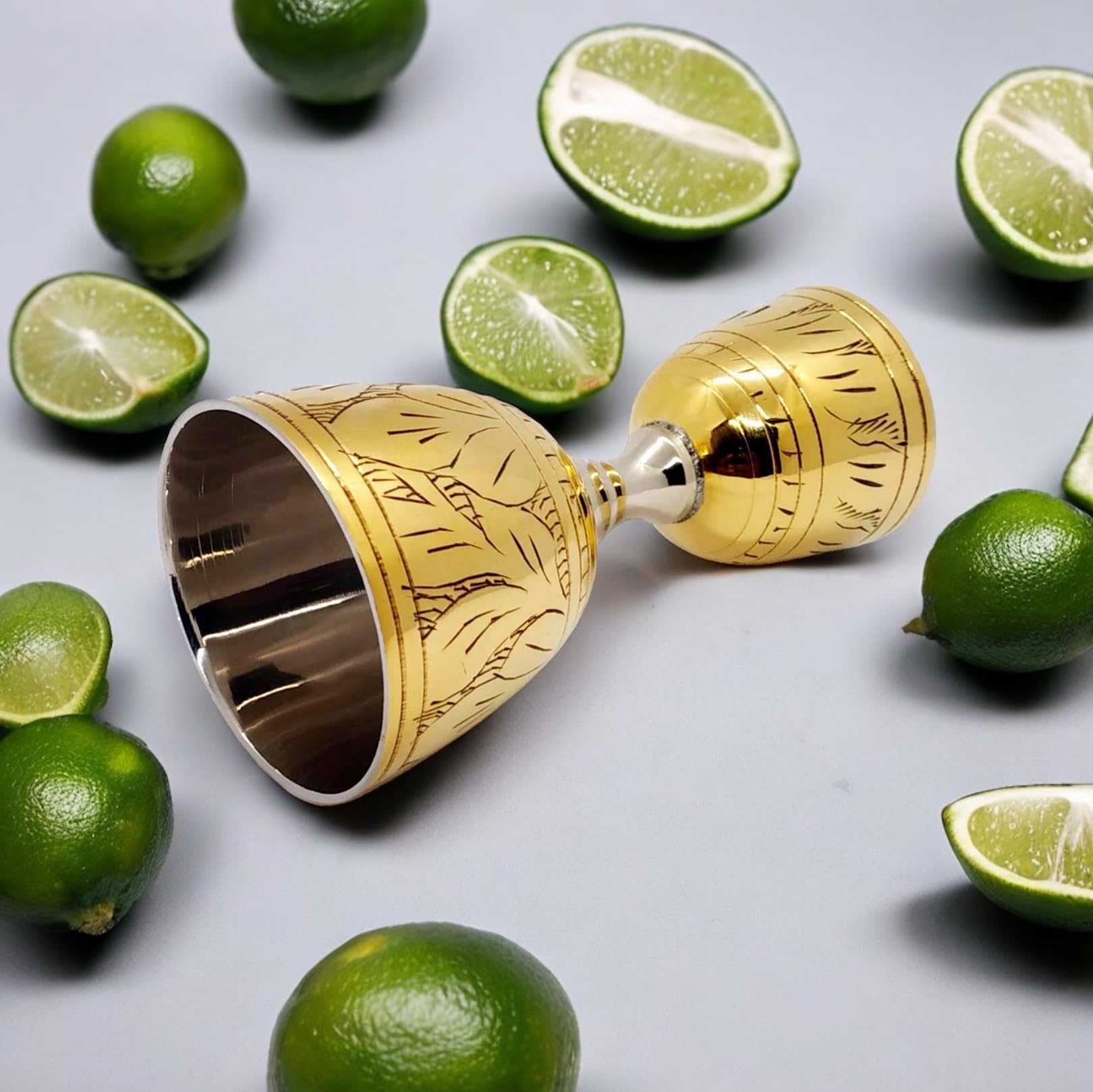 Akanksha Arts, Made of Brass, 2-Tone Peg Measure Cup, 30 ml / 60 ml, with Alluring Engraving 2