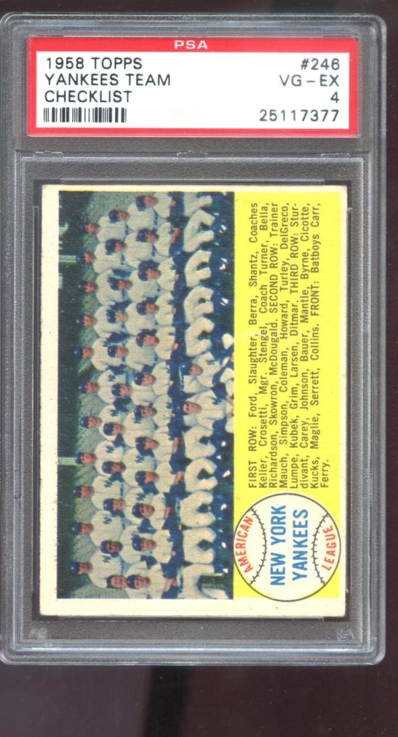 1958 Topps #246 New York Yankees Team Photo Checklist PSA 4 Graded Baseball Card