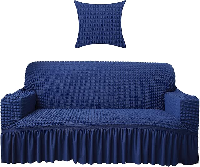 Yeahmart Sofa Slipcover 1 Piece Couch Sofa Cover with Skirt, Durable Washable High Elastic Stretchable, Easy Fit Universal Furniture Protector with 1 pillowcase (3 Seater, Blue)